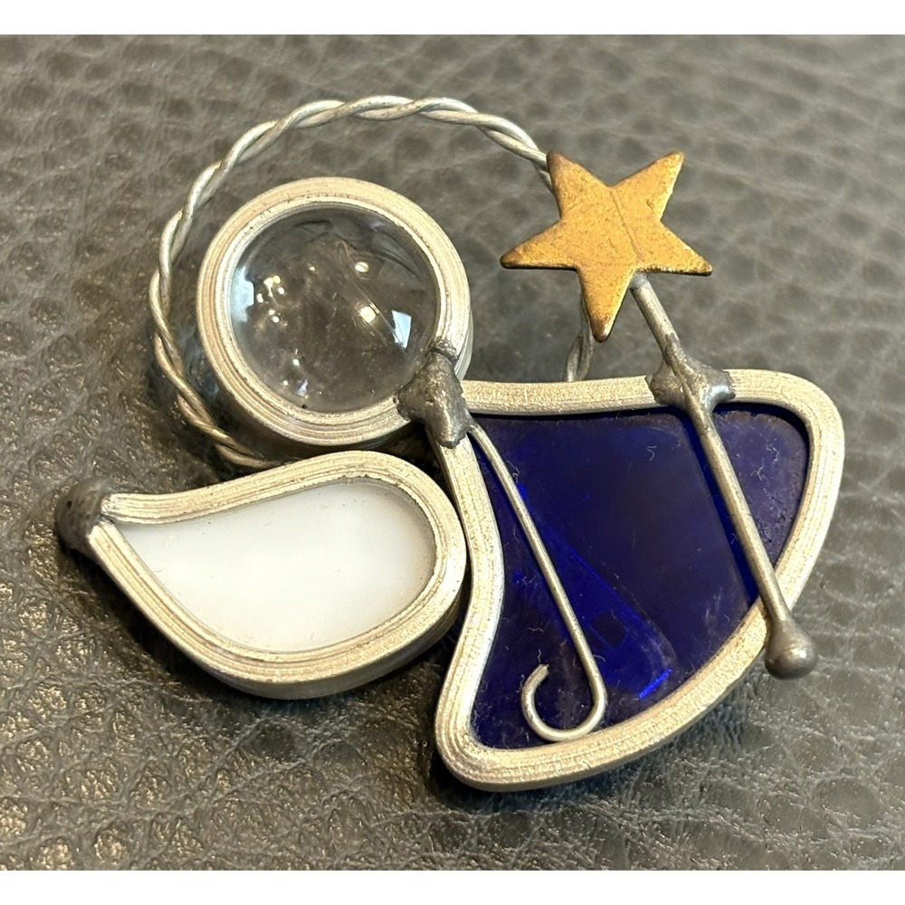 Vintage Angel Brooch Pin Stained Glass Artisan Blue Silver Tone Gift 2 Inch